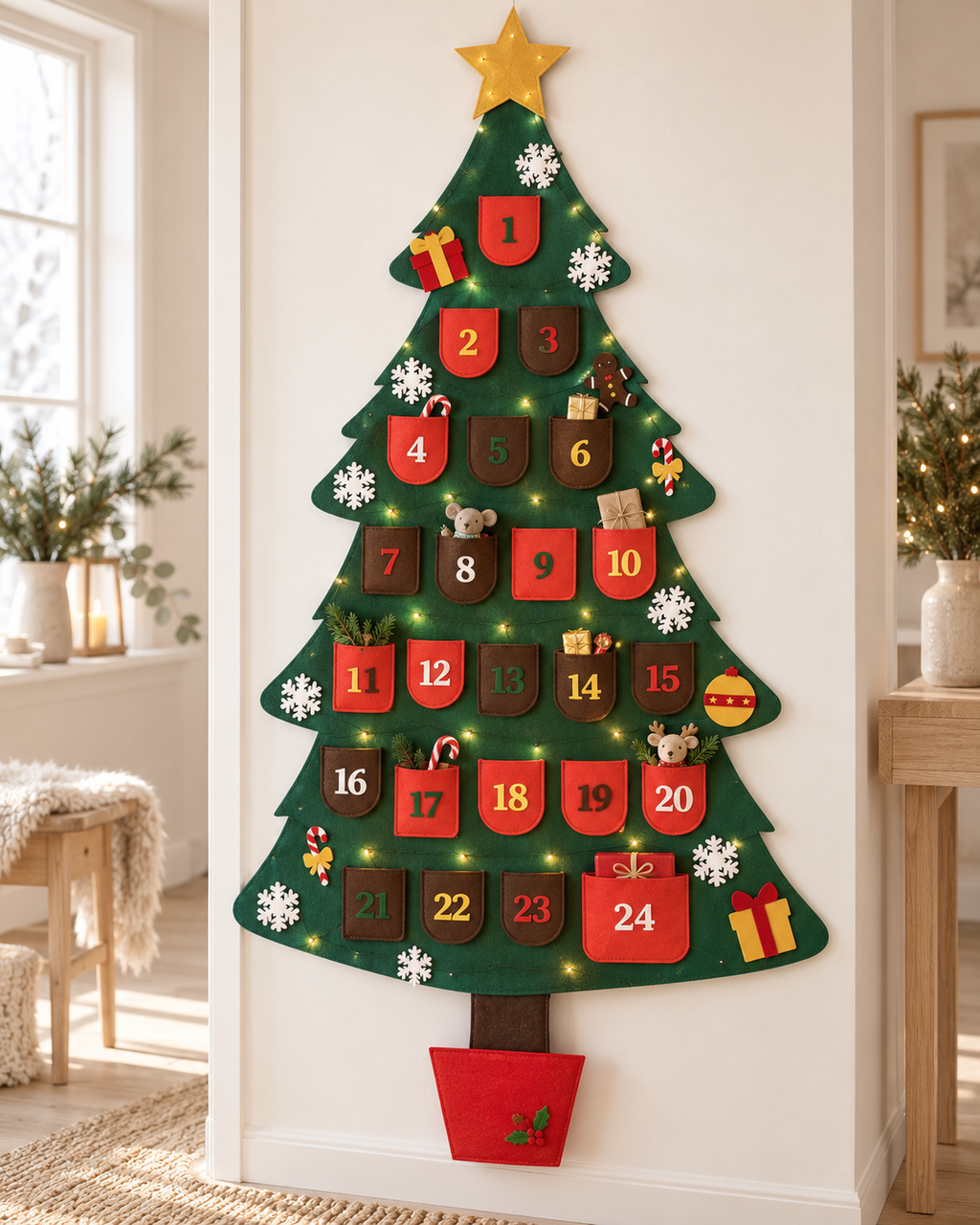 A large Christmas advent tree wall hanging made from a green felt Christmas tree, with 24 numbered red and brown pouches, small holiday decorations, and a gold star on a white wall in a bright room.